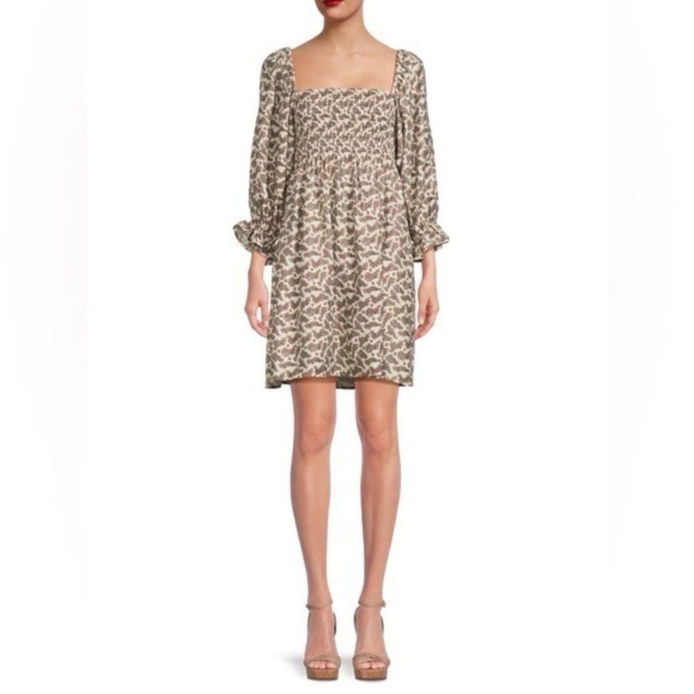 NWT Kourt Portia Mini Dress Brown Cream Paisleys Square Neck Smocked Size L